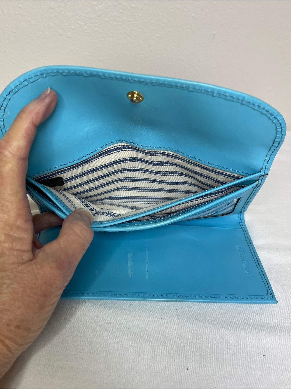 Dooney & Bourke Turquoise Leather Fold-Over Wallet with Gold Plaque - Picture 11 of 14